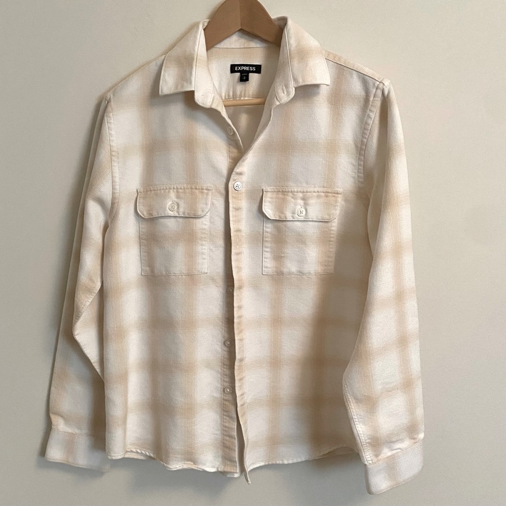 EXPRESS Flannel Plaid Shirt Tan & Beige Long Sleeve Button Down Size SMALL